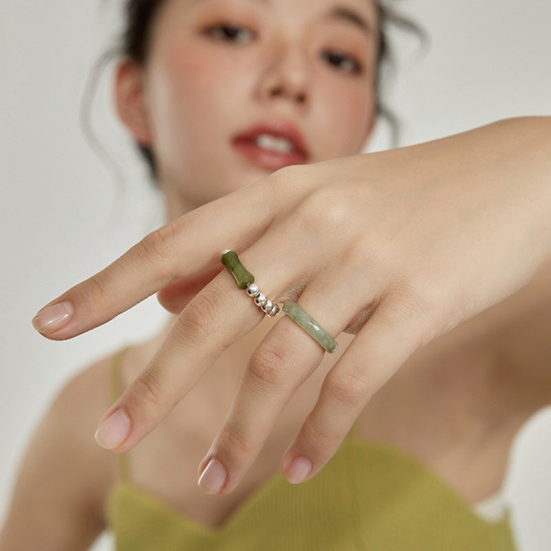 天然玉石竹節重ね着リングセット