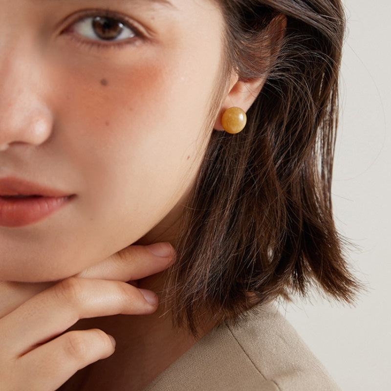 秋の茶晶 円形天然石ピアス