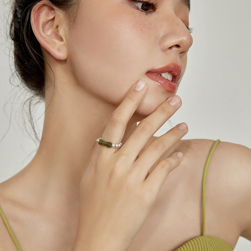 天然玉石竹節重ね着リングセット