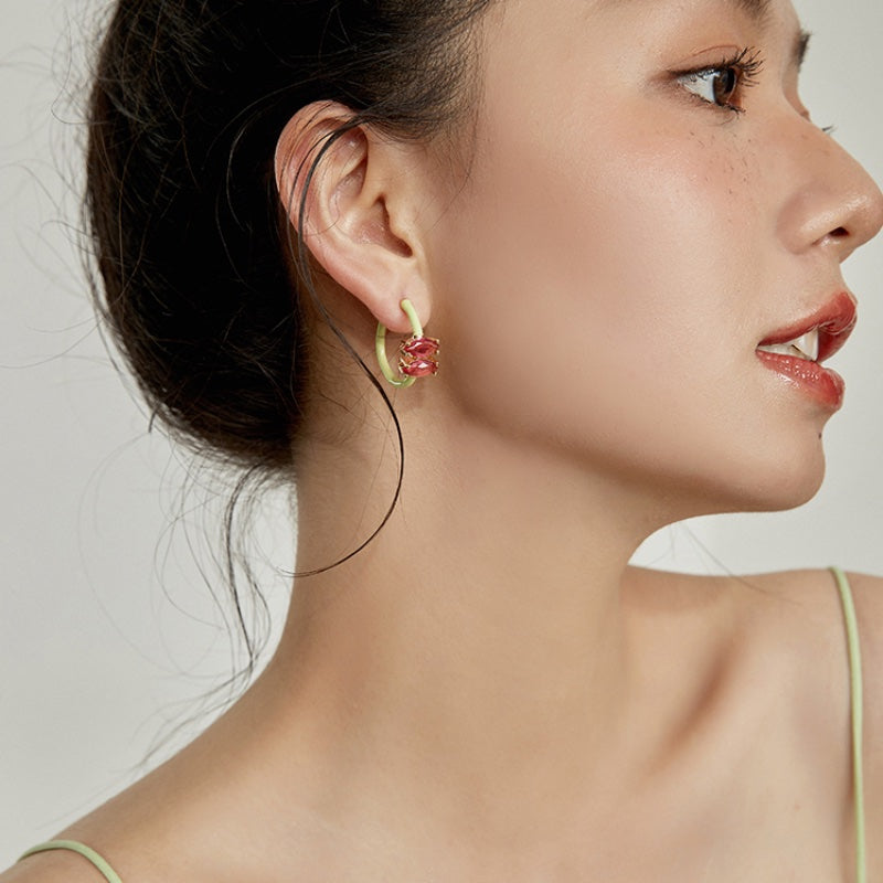 グリーン赤滴釉 S925 銀イヤリング