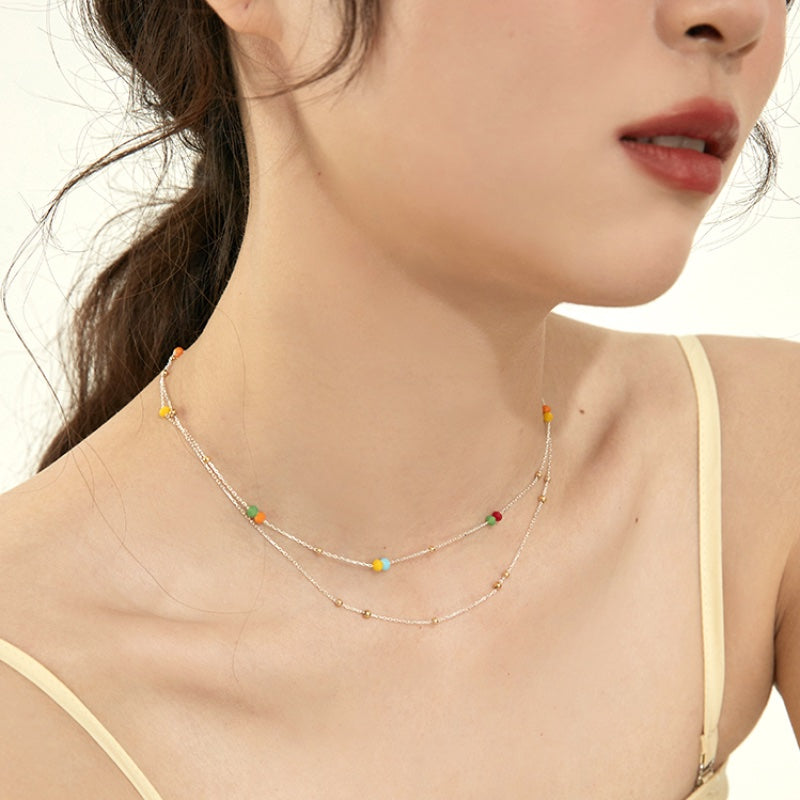レインボー豆 S925 銀アクリルビーズネック