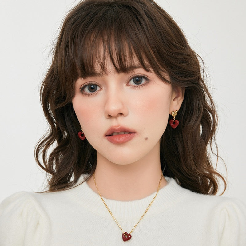 ワイン琺瑯ハート銀ピアス
