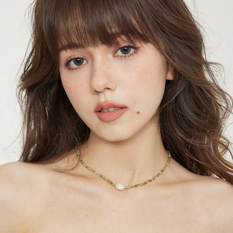 グリーンジルコニアビーズ淡水パールネックレス