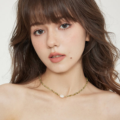 グリーンジルコニアビーズ淡水パールネックレス