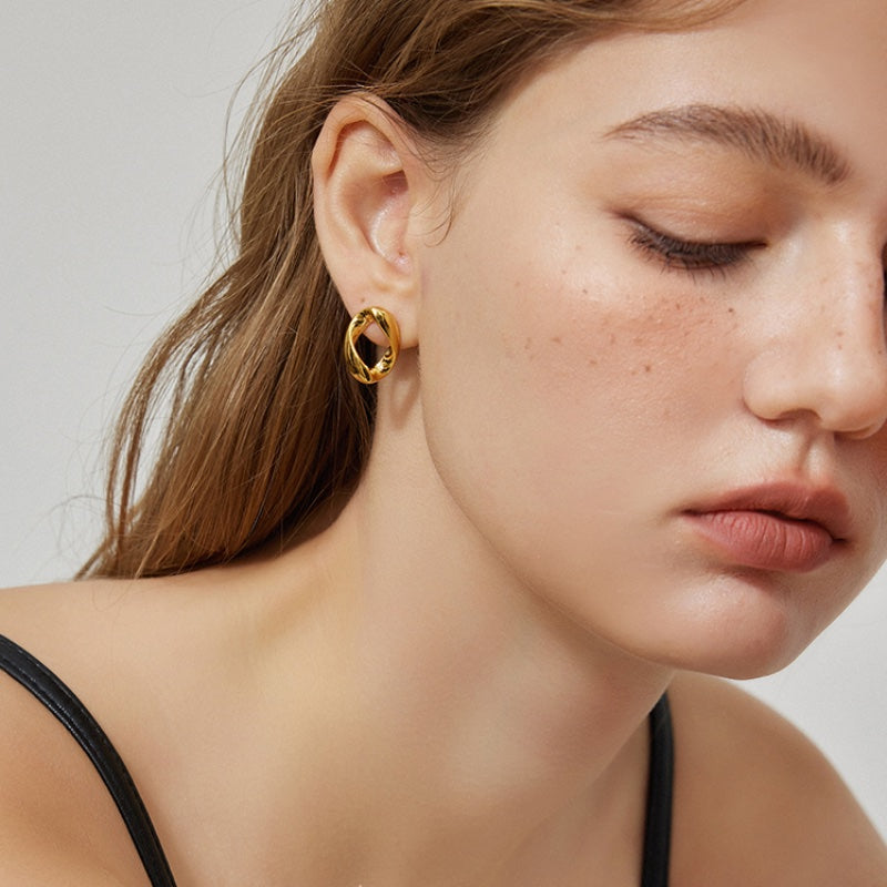 楕円チタンスチール 18K 金メッキイヤリング
