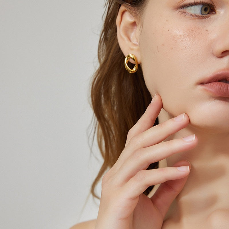 楕円チタンスチール 18K 金メッキイヤリング