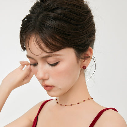 ブルゴーニュ赤樹脂 S925 銀メッキピアス