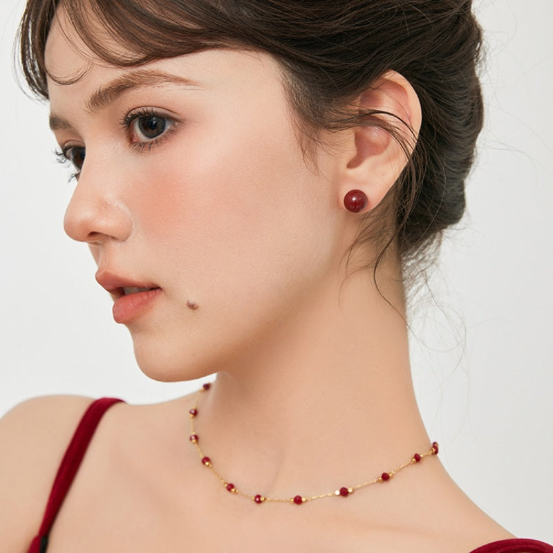 ブルゴーニュ赤樹脂 S925 銀メッキピアス