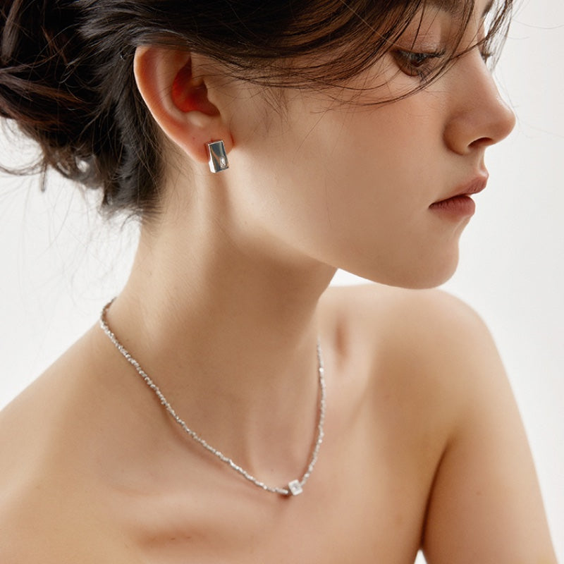 銅ジルコニア S925 銀立体ブロックピアス